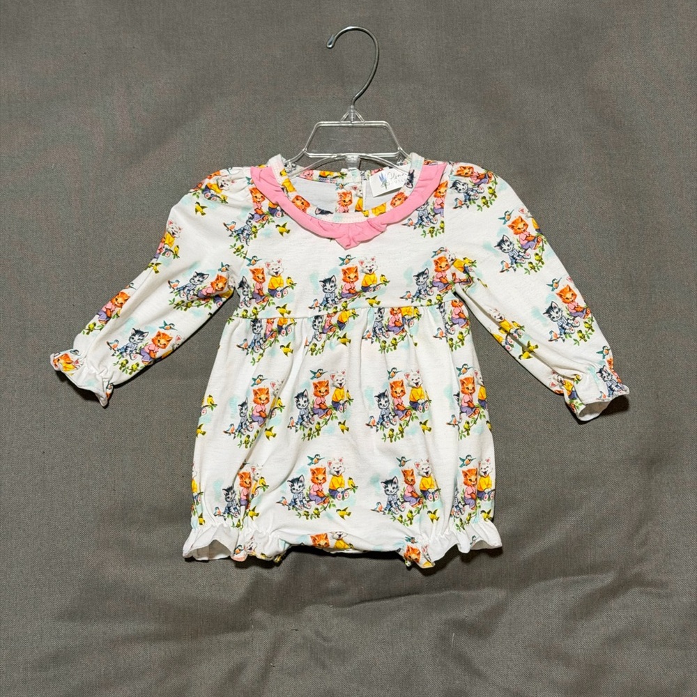 Girls' White Floral Animal Print One-Piece with Pink Trim